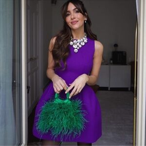 Zara Purple Dress with Green Feather Bag